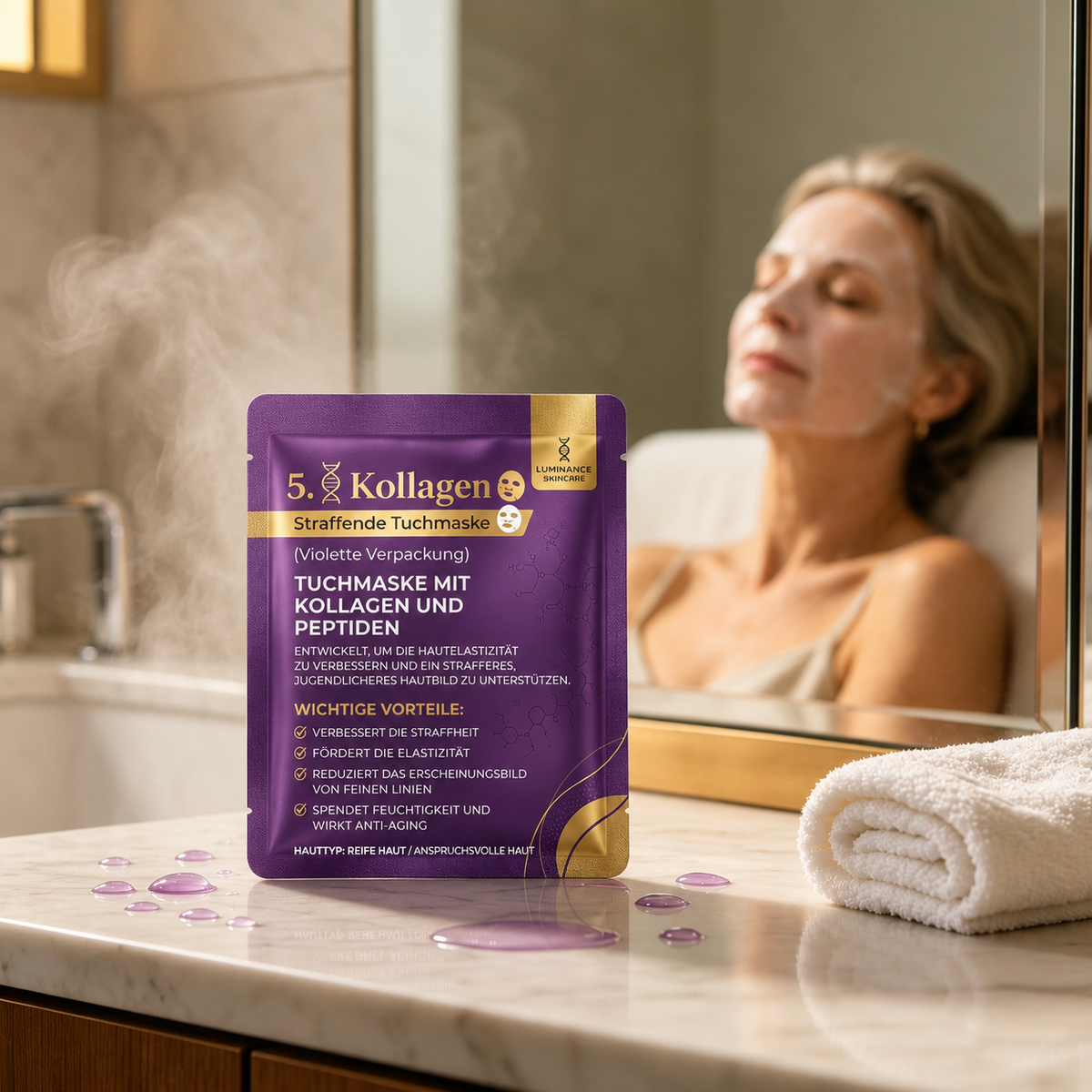 LUMINANCE SKINCARE 5X Kollagen- & Peptid-Tuchmaske | Feuchtigkeitsspendende und straffende Pflege für ein glatter wirkendes Hautbild
