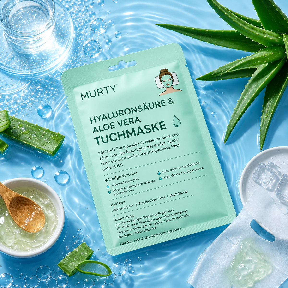 MURTY Aloe-Vera- & Hyaluronsäure-Tuchmaske | Feuchtigkeitspflege für ein frisches Hautgefühl